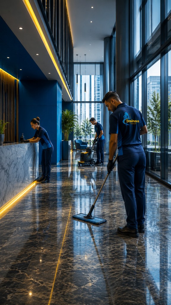 Équipe DrainOva en uniforme nettoyant le hall d'un immeuble moderne
